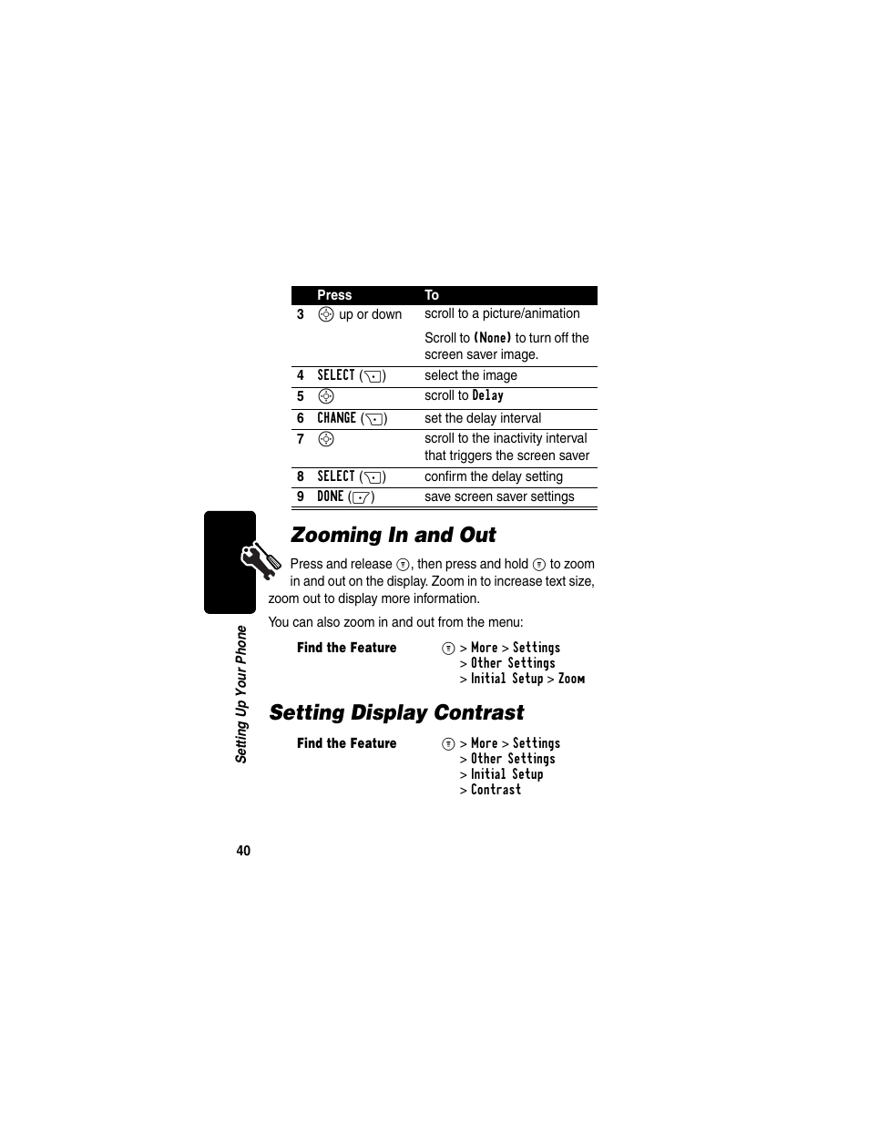 Zooming in and out, Setting display contrast, Zooming in and out setting display contrast | Motorola C353 User Manual | Page 42 / 94