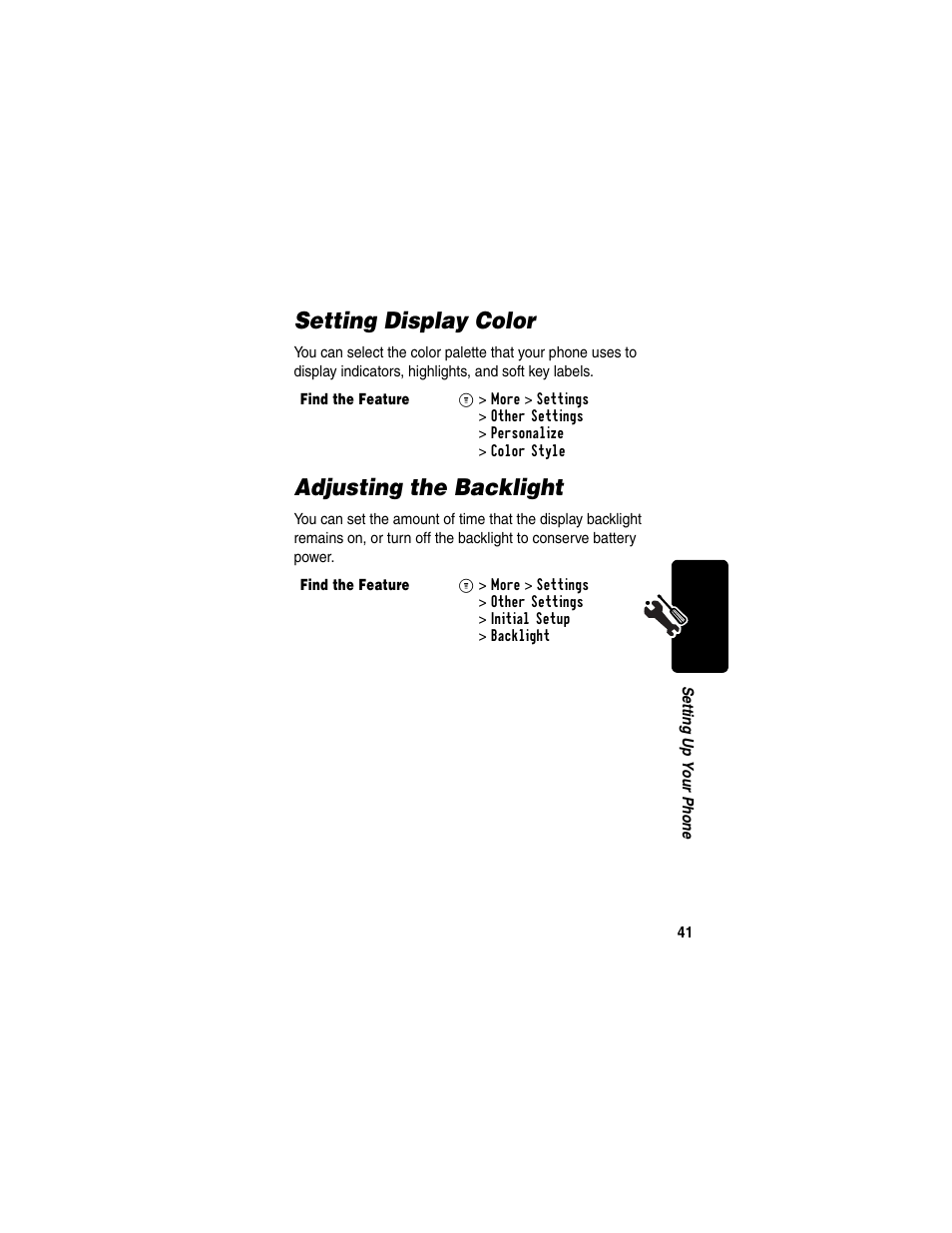 Setting display color, Adjusting the backlight, Setting display color adjusting the backlight | Motorola C353 User Manual | Page 43 / 94