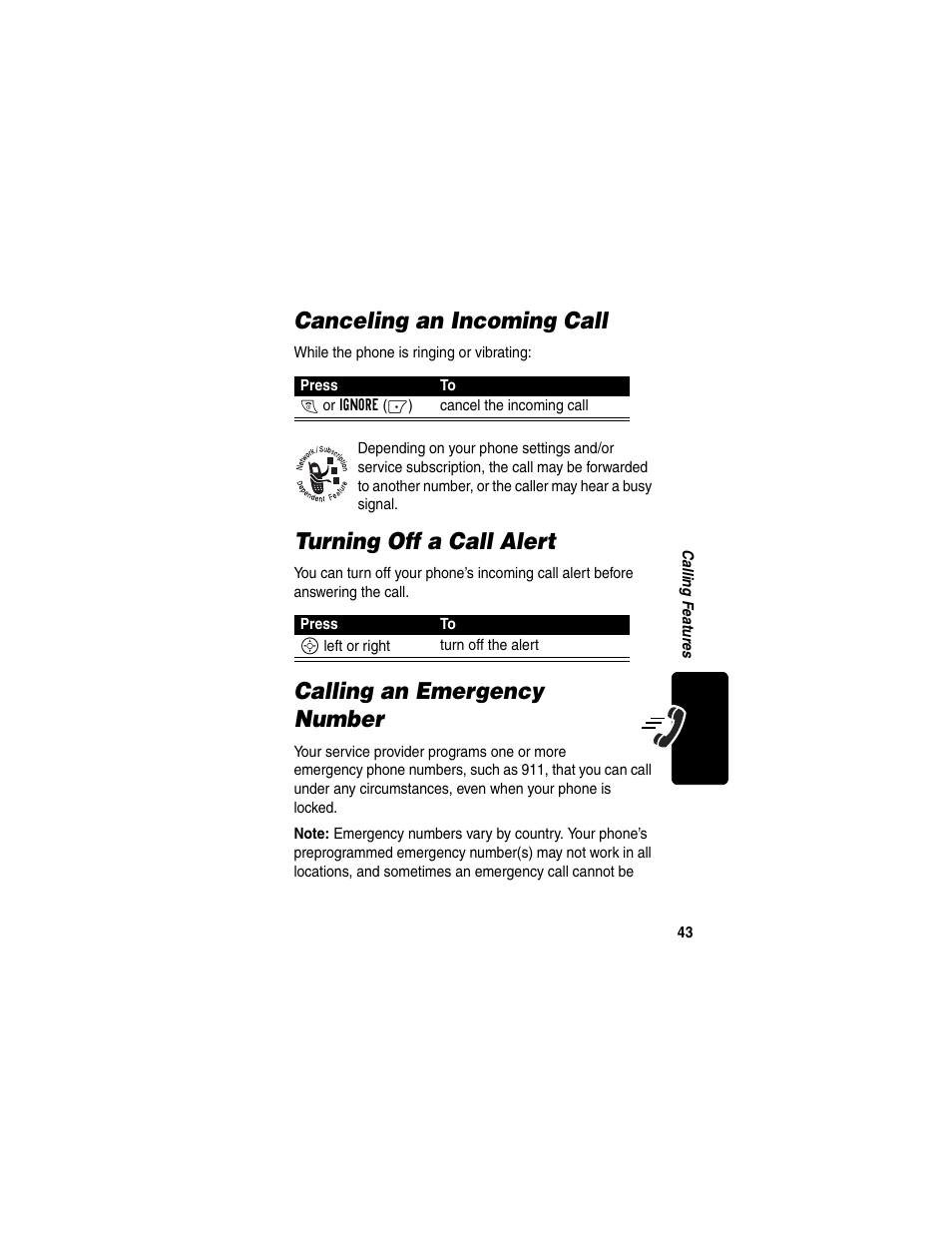 Canceling an incoming call, Turning off a call alert, Calling an emergency number | Motorola C353 User Manual | Page 45 / 94