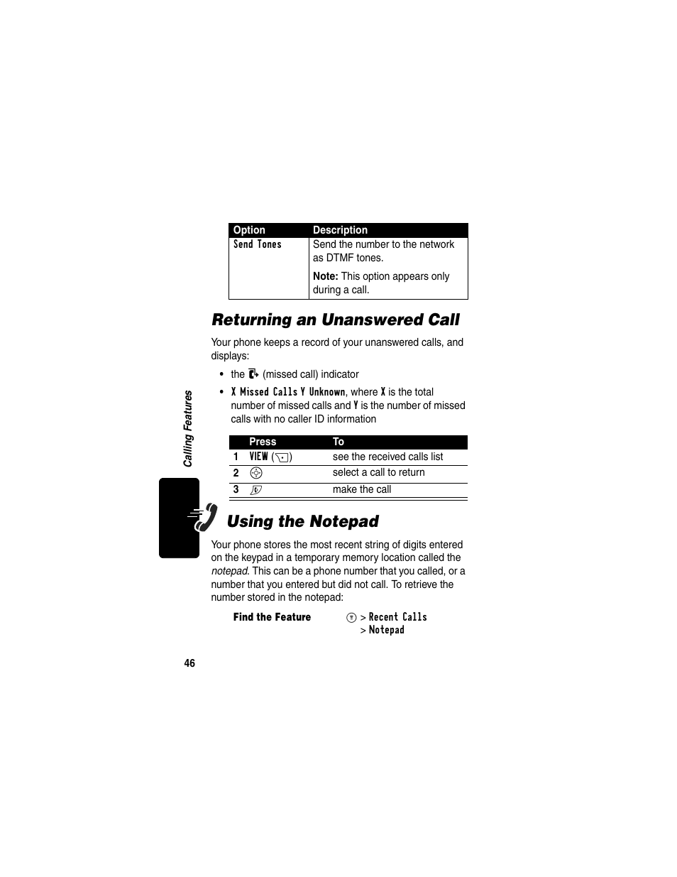 Returning an unanswered call, Using the notepad, Returning an unanswered call using the notepad | Motorola C353 User Manual | Page 48 / 94