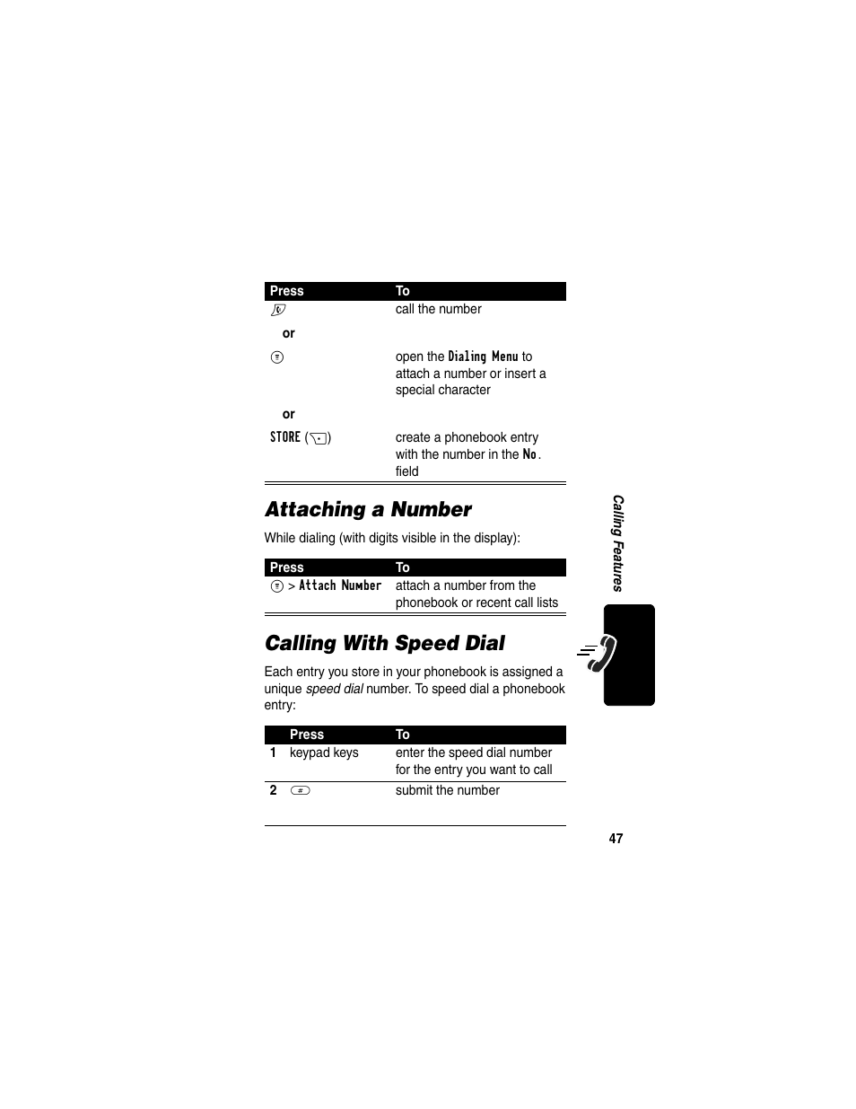 Attaching a number, Calling with speed dial, Attaching a number calling with speed dial | Motorola C353 User Manual | Page 49 / 94