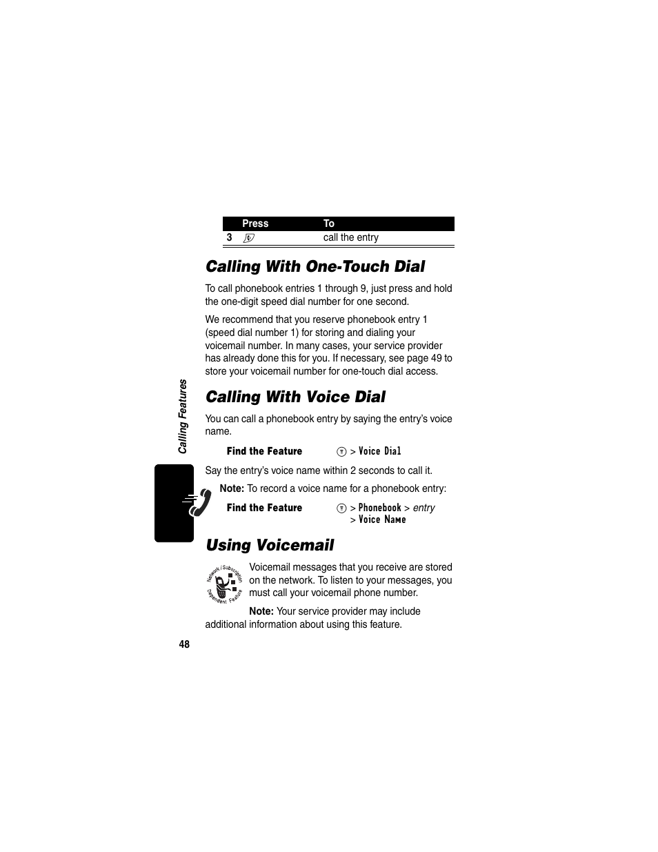 Calling with onetouch dial, Calling with voice dial, Using voicemail | Calling with one-touch dial | Motorola C353 User Manual | Page 50 / 94