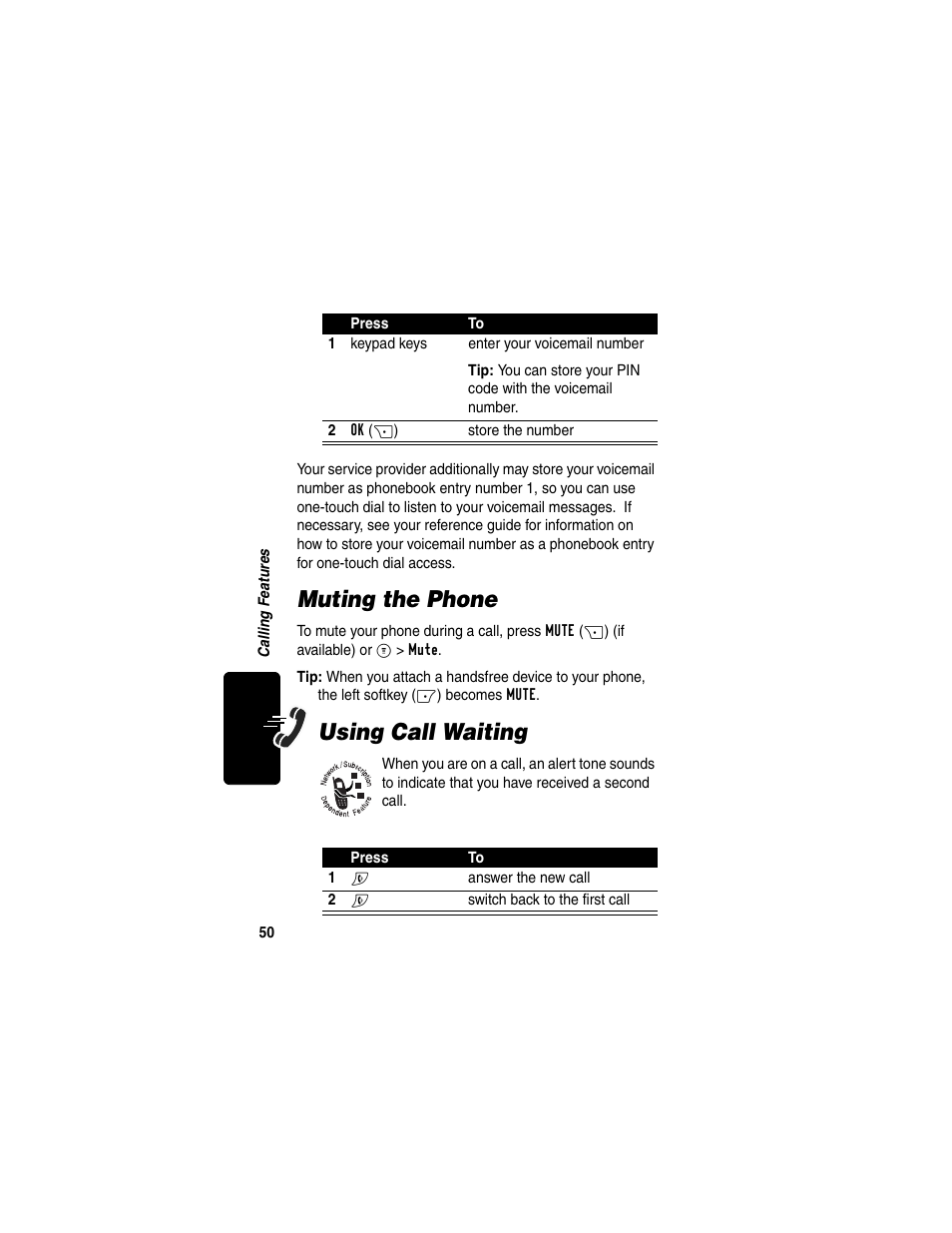 Muting the phone, Using call waiting, Muting the phone using call waiting | Motorola C353 User Manual | Page 52 / 94