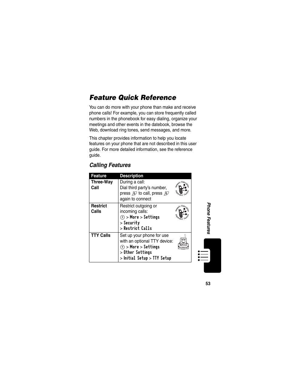 Feature quick reference, Calling features | Motorola C353 User Manual | Page 55 / 94