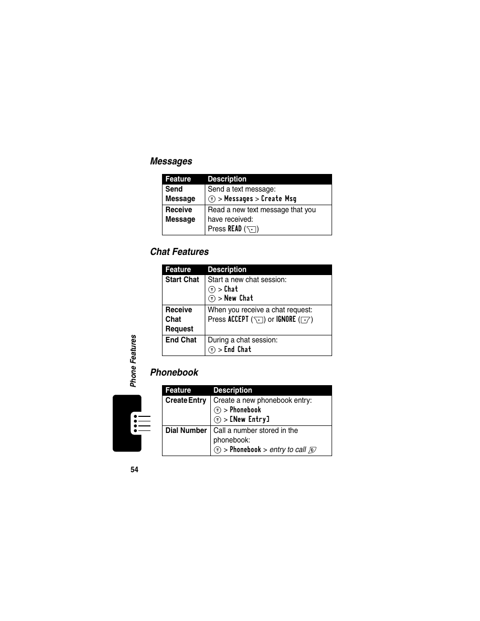 Messages chat features phonebook | Motorola C353 User Manual | Page 56 / 94