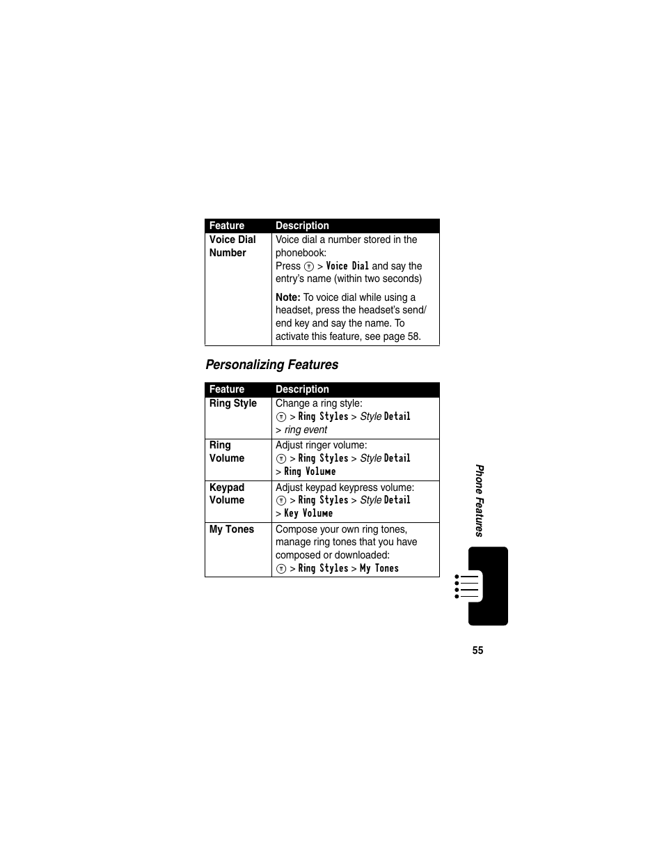 Personalizing features | Motorola C353 User Manual | Page 57 / 94