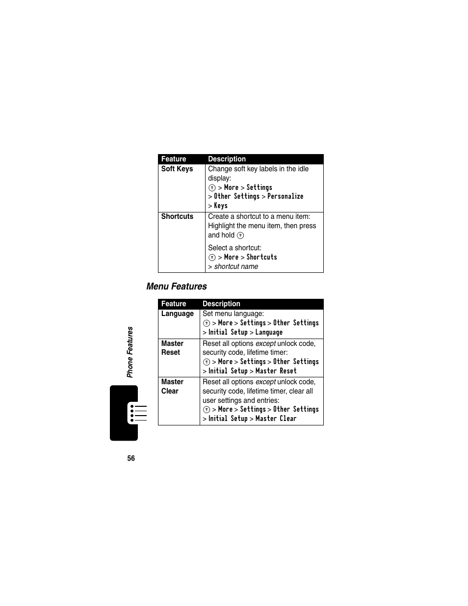 Menu features | Motorola C353 User Manual | Page 58 / 94