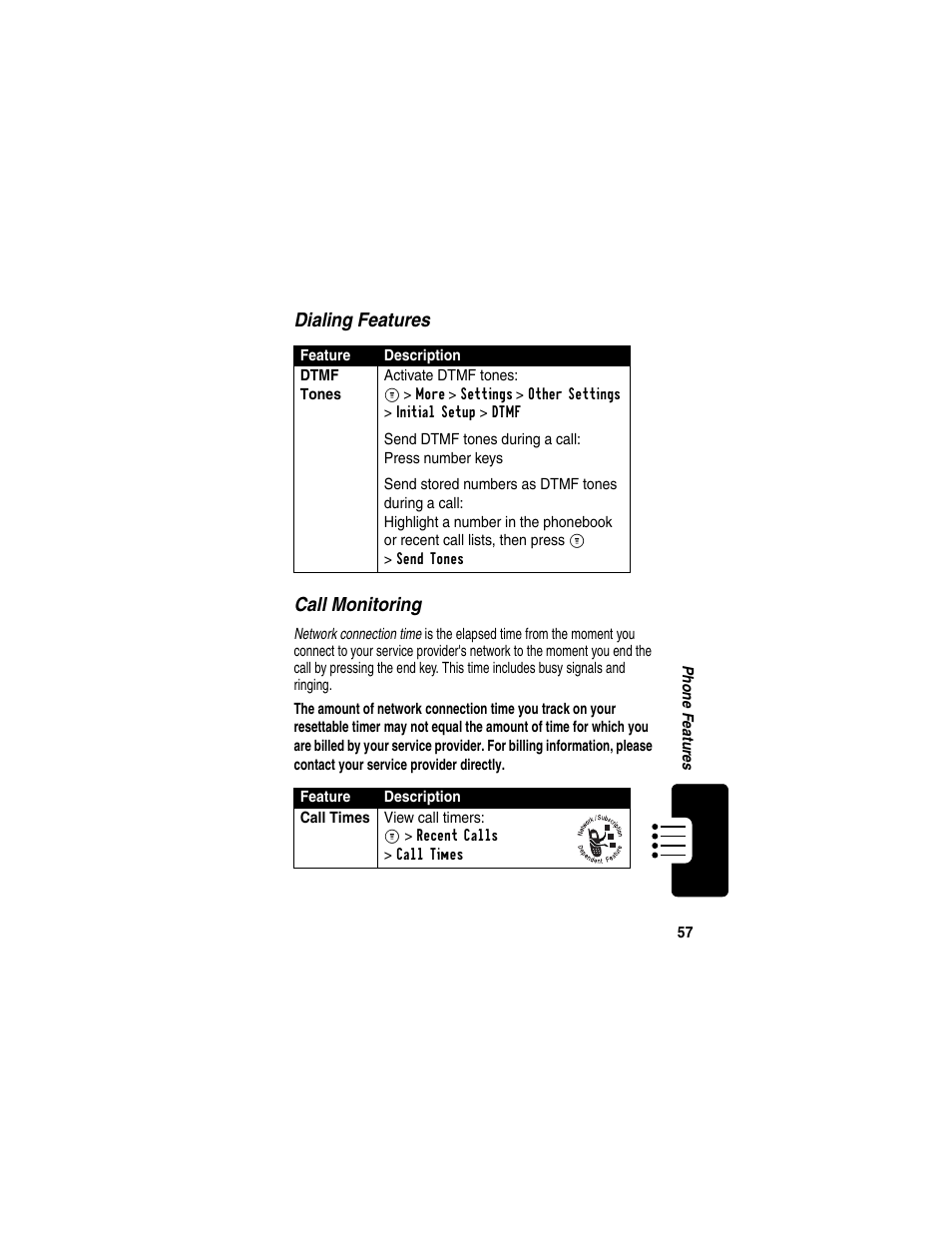 Dialing features call monitoring | Motorola C353 User Manual | Page 59 / 94