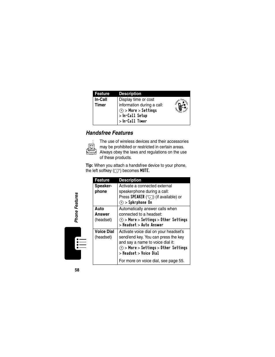 Handsfree features | Motorola C353 User Manual | Page 60 / 94