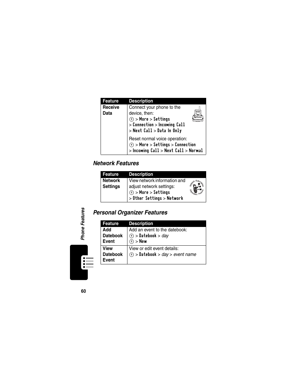 Network features personal organizer features | Motorola C353 User Manual | Page 62 / 94