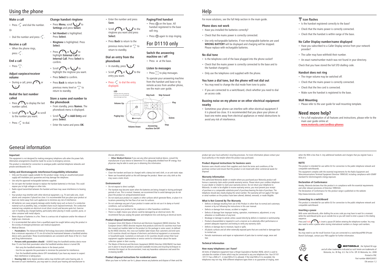 Help, Using the phone general information, For d1110 only | Need more help | Motorola D1110 Series User Manual | Page 2 / 2