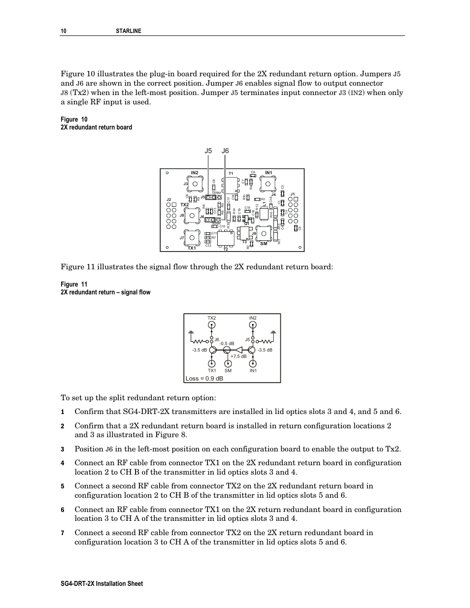 Are shown in the correct position. jumper, Enables signal flow to output connector, Tx2) when in the left-most position. jumper | Terminates input connector, When only a single rf input is used, Position, Figure 10 2x redundant return board, J5 j6, Figure 11 2x redundant return – signal flow, Sg4-drt-2x installation sheet | Motorola SG4-DRT-2X User Manual | Page 10 / 18