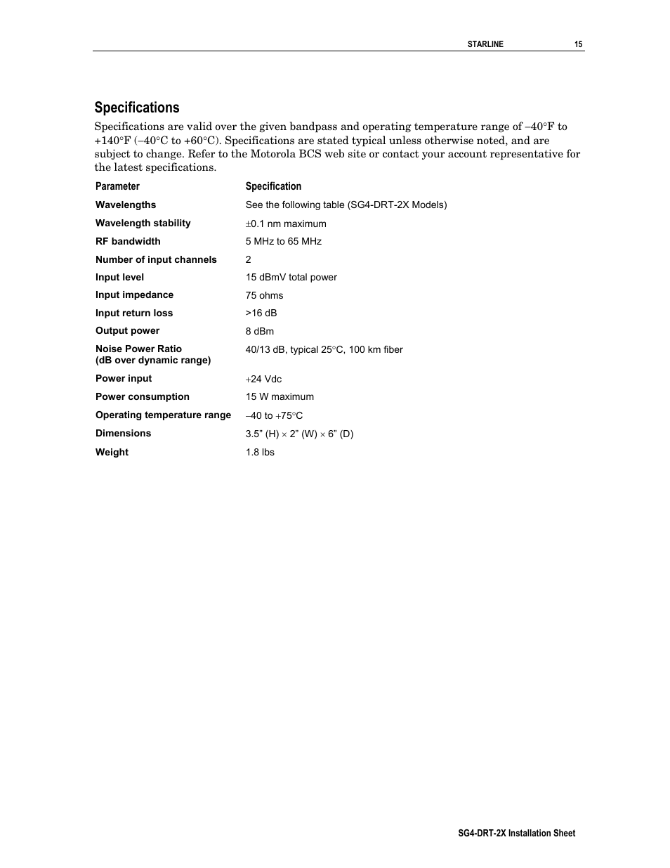 Specifications | Motorola SG4-DRT-2X User Manual | Page 15 / 18