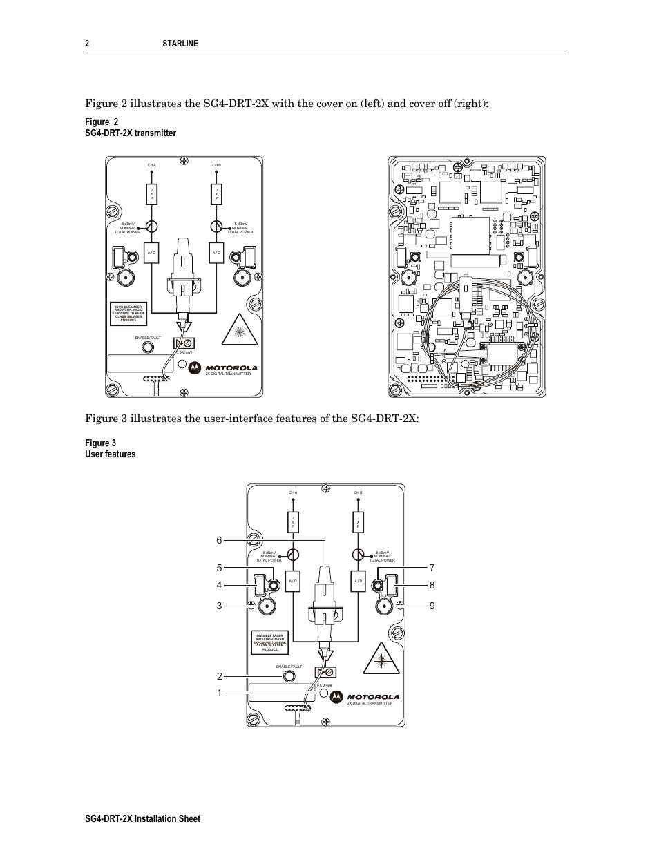 Figure 2 sg4-drt-2x transmitter, Figure 3 user features, Sg4-drt-2x installation sheet | 2starline | Motorola SG4-DRT-2X User Manual | Page 2 / 18