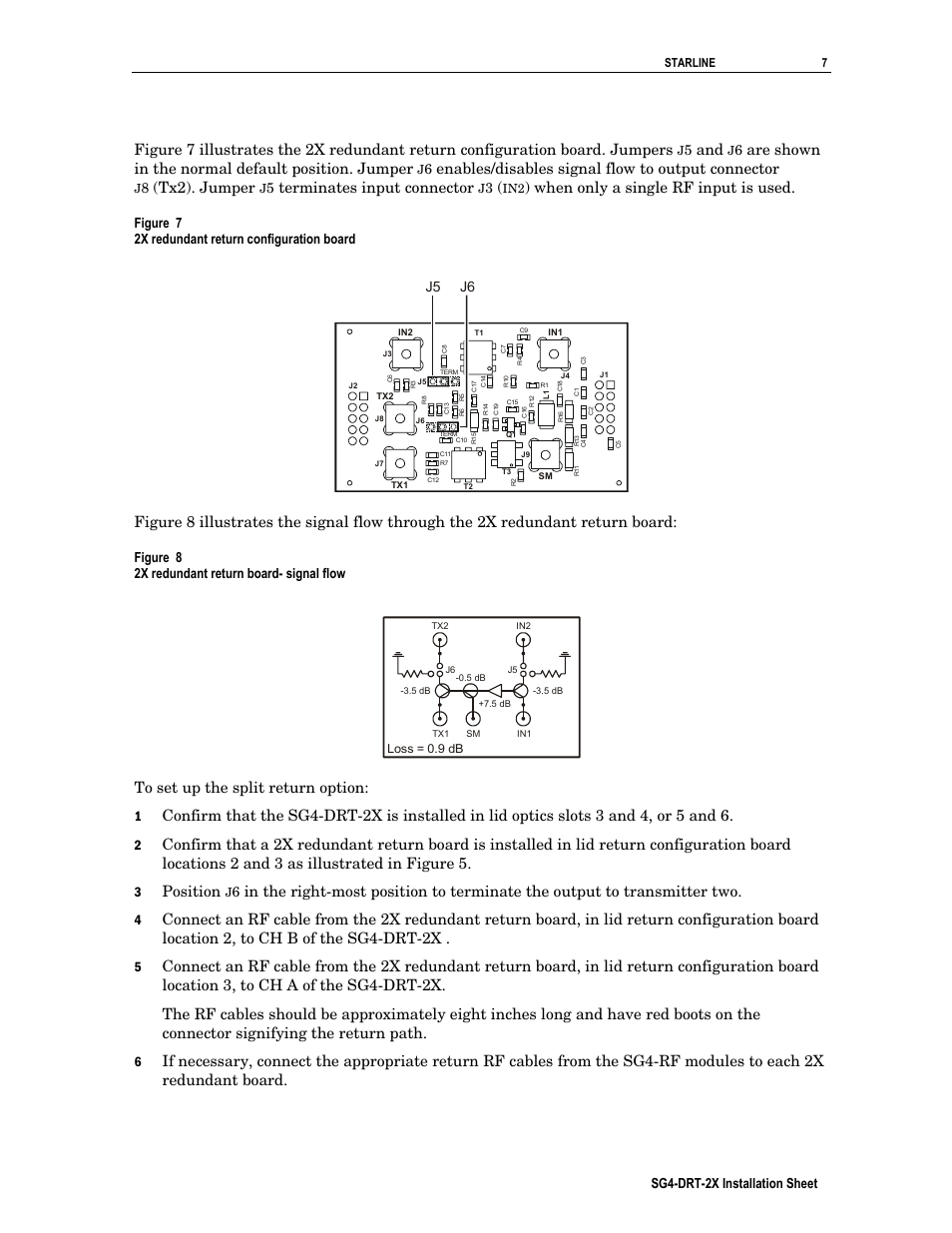 Are shown in the normal default position. jumper, Enables/disables signal flow to output connector, Tx2). jumper | Terminates input connector, When only a single rf input is used, Position, Figure 7 2x redundant return configuration board, J5 j6, Figure 8 2x redundant return board- signal flow, Sg4-drt-2x installation sheet | Motorola SG4-DRT-2X User Manual | Page 7 / 18