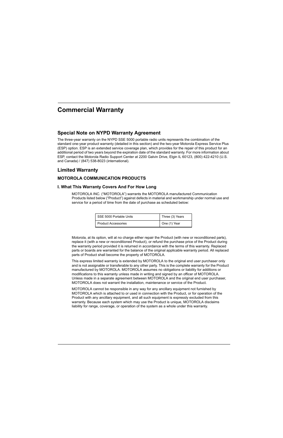 Commercial warranty, Special note on nypd warranty agreement, Limited warranty | Motorola communication products, I. what this warranty covers and for how long | Motorola SSETM 5000 User Manual | Page 13 / 224