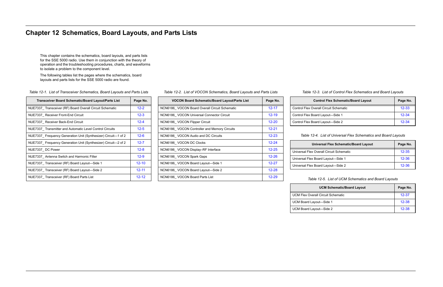 Chapter 12, Schematics, board layouts, and parts lists -1, Table 12-2 | Motorola SSETM 5000 User Manual | Page 167 / 224