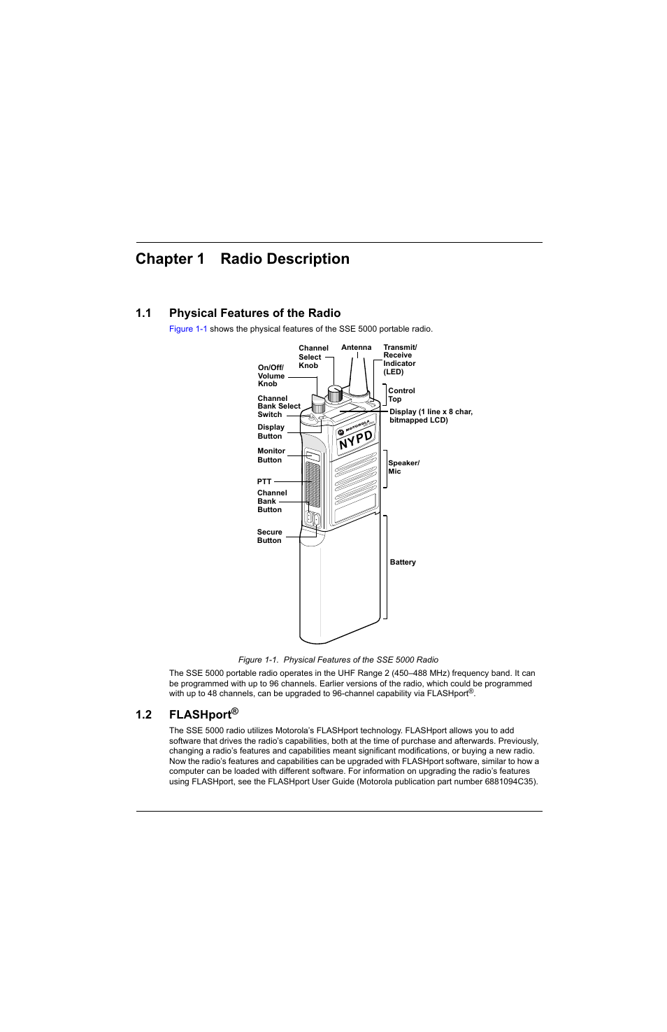 Chapter 1 radio description, 1 physical features of the radio, 2 flashport | Chapter 1, Radio description -1, Physical features of the radio -1, Flashport, Nyp d | Motorola SSETM 5000 User Manual | Page 17 / 224