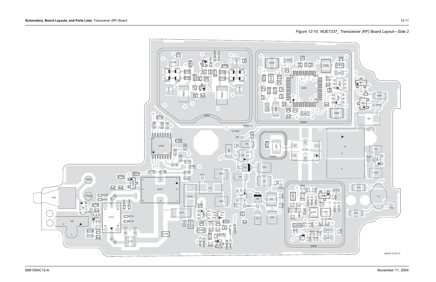 Nue7337_ transceiver (rf) board layout—side 2 | Motorola SSETM 5000 User Manual | Page 177 / 224