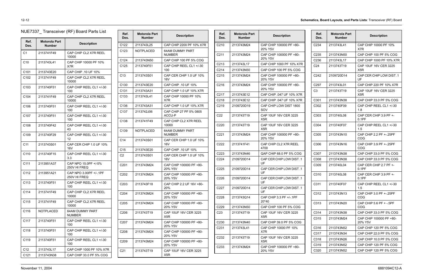 Nue7337_ transceiver (rf) board parts list | Motorola SSETM 5000 User Manual | Page 178 / 224