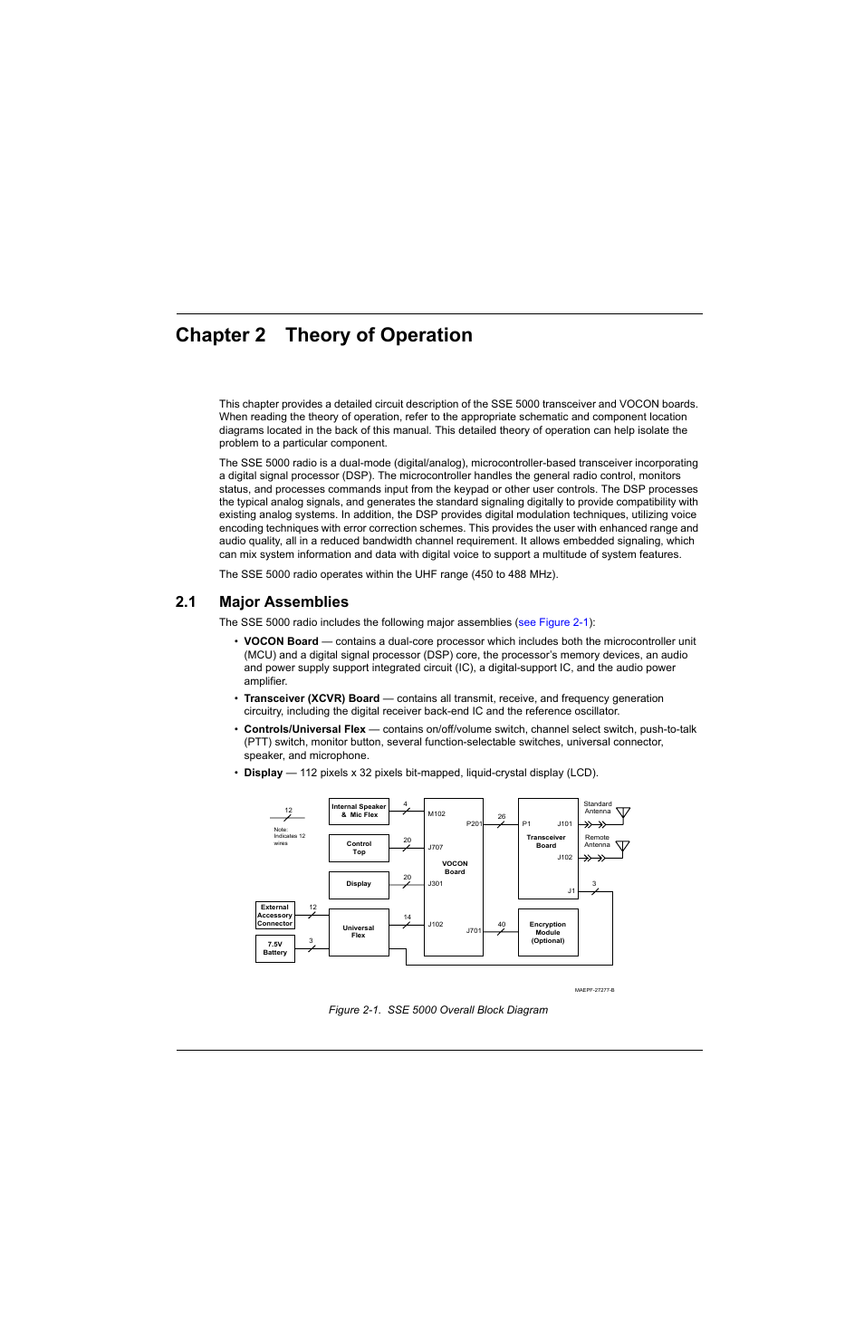 Chapter 2 theory of operation, 1 major assemblies, Chapter 2 | Theory of operation -1, Major assemblies -1, Figure 2-1. sse 5000 overall block diagram -1 | Motorola SSETM 5000 User Manual | Page 23 / 224