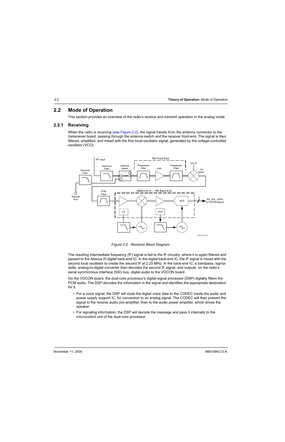 2 mode of operation, 1 receiving, Mode of operation -2 2.2.1 | Receiving -2, Figure 2-2. receiver block diagram -2 | Motorola SSETM 5000 User Manual | Page 24 / 224