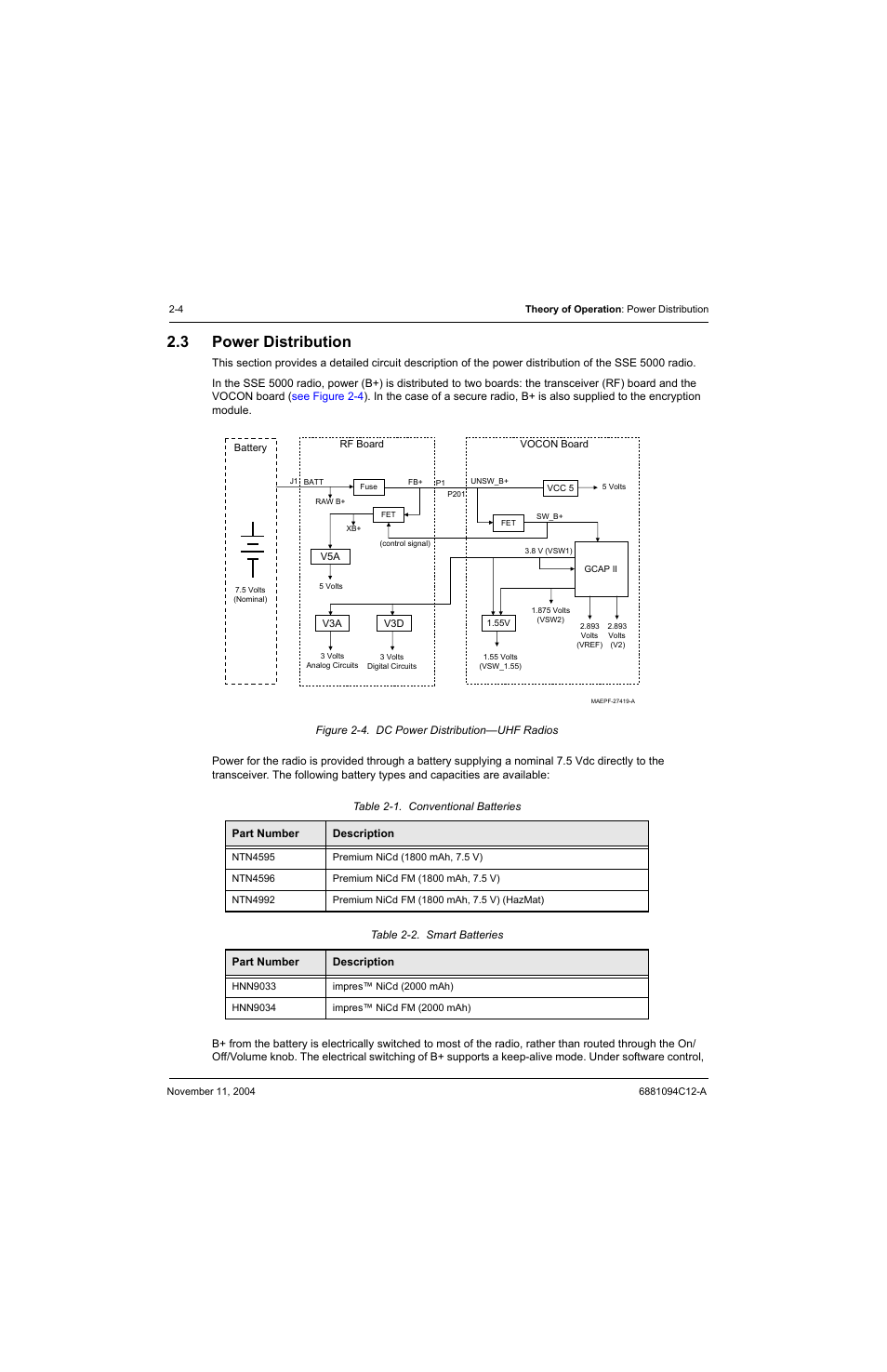 3 power distribution, Power distribution -4, Figure 2-4. dc power distribution—uhf radios -4 | Table 2-1, Conventional batteries -4, Table 2-2, Smart batteries -4 | Motorola SSETM 5000 User Manual | Page 26 / 224