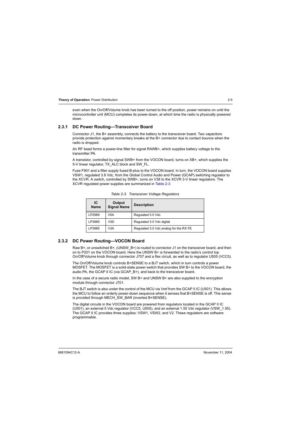 1 dc power routing—transceiver board, 2 dc power routing—vocon board, Dc power routing—transceiver board -5 | Dc power routing—vocon board -5, Table 2-3, Transceiver voltage regulators -5 | Motorola SSETM 5000 User Manual | Page 27 / 224