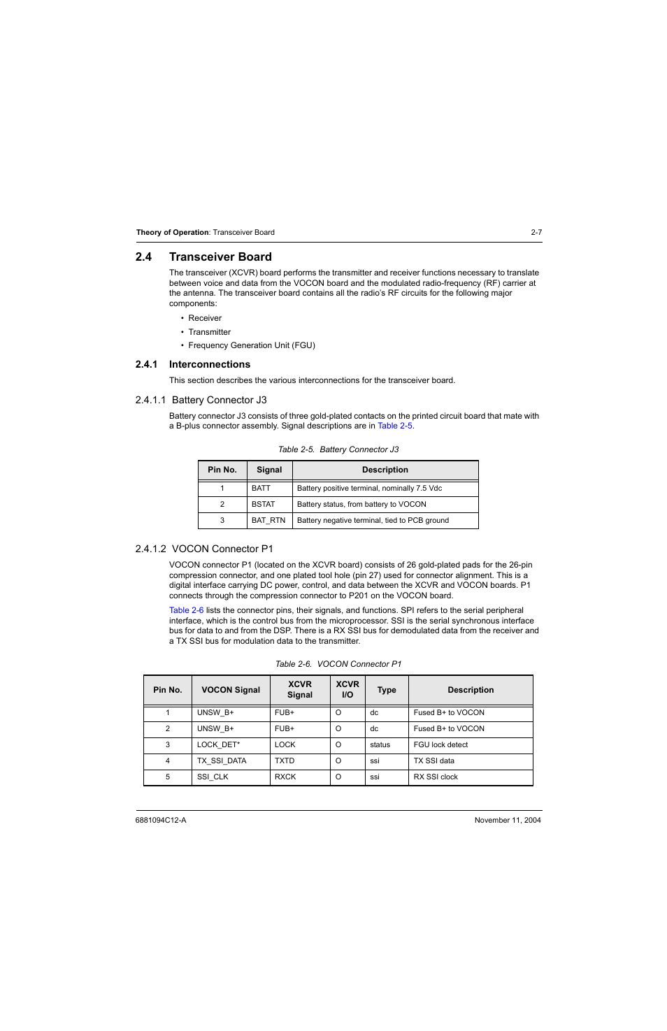 4 transceiver board, 1 interconnections, 1 battery connector j3 | 2 vocon connector p1, Transceiver board -7 2.4.1, Interconnections -7, Battery connector j3 -7, Vocon connector p1 -7, Table 2-5, Table 2-6 | Motorola SSETM 5000 User Manual | Page 29 / 224