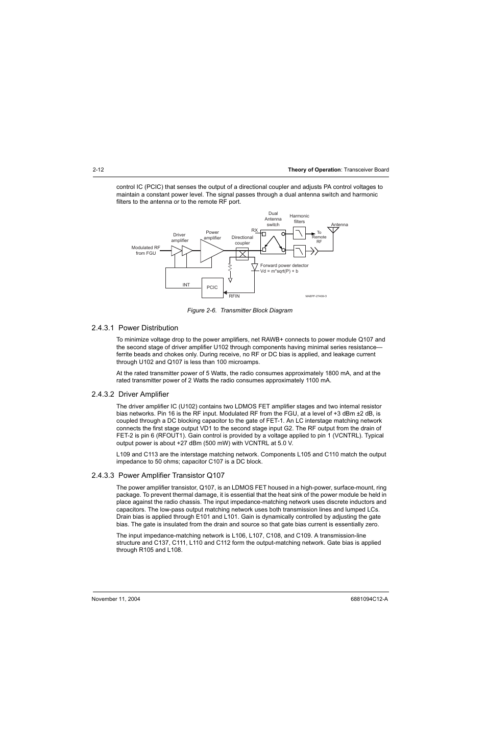 1 power distribution, 2 driver amplifier, 3 power amplifier transistor q107 | Power distribution -12, Driver amplifier -12, Power amplifier transistor q107 -12, Figure 2-6. transmitter block diagram -12 | Motorola SSETM 5000 User Manual | Page 34 / 224