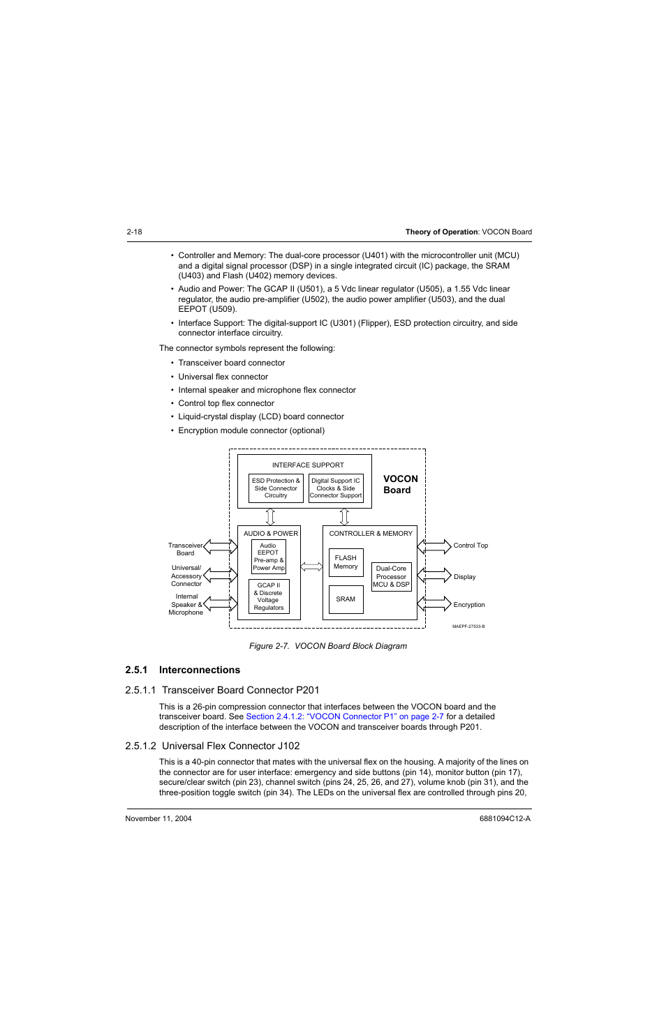 1 interconnections, 1 transceiver board connector p201, 2 universal flex connector j102 | Interconnections -18, Transceiver board connector p201 -18, Universal flex connector j102 -18, Figure 2-7. vocon board block diagram -18, See figure 2-7 | Motorola SSETM 5000 User Manual | Page 40 / 224