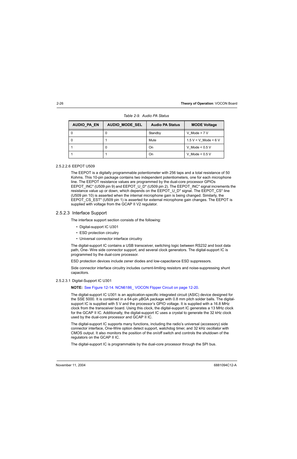 3 interface support, Interface support -26, Table 2-9 | Audio pa status -26 | Motorola SSETM 5000 User Manual | Page 48 / 224