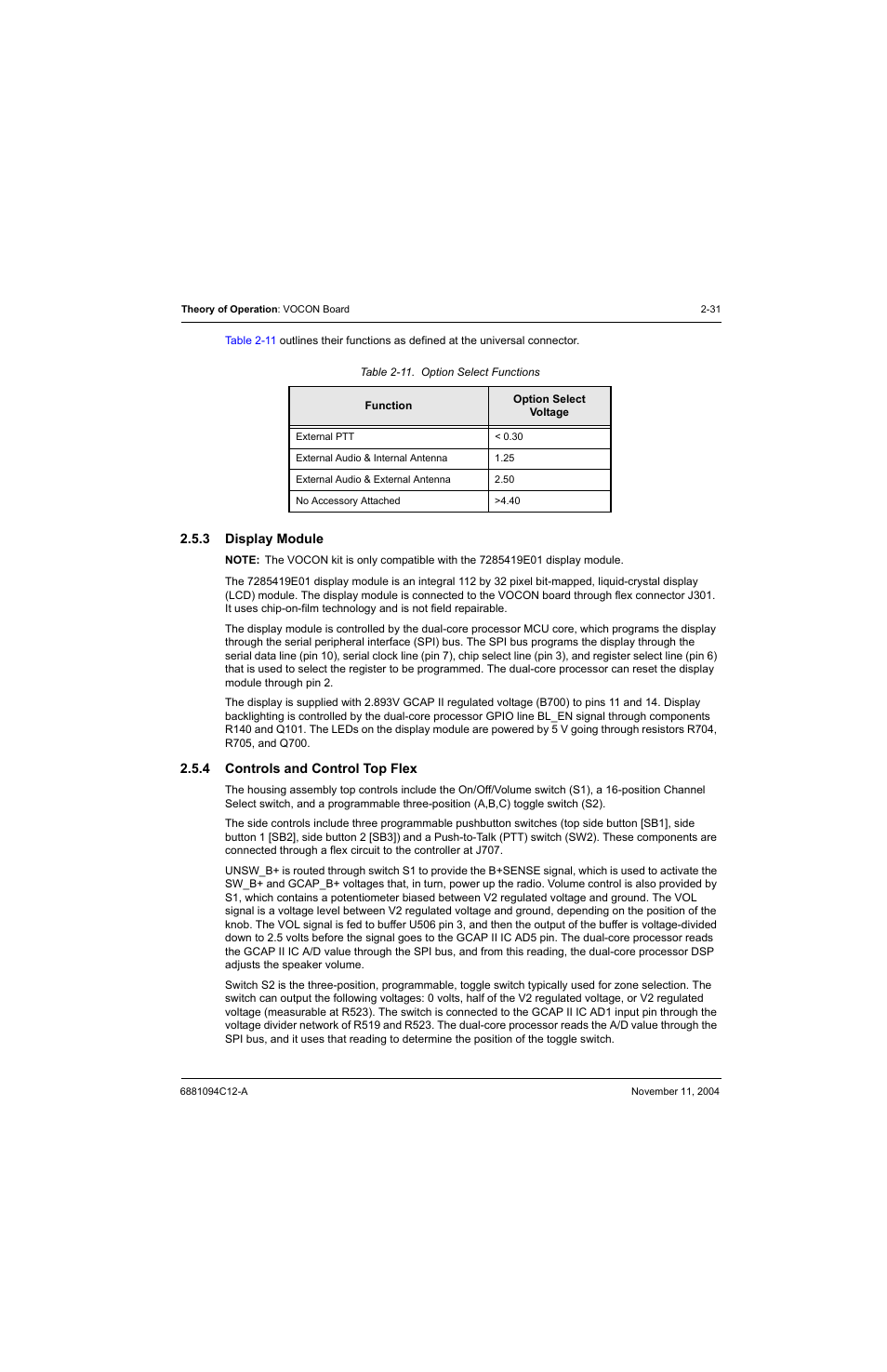 3 display module, 4 controls and control top flex, Display module -31 | Controls and control top flex -31, Table 2-11. option select functions -31 | Motorola SSETM 5000 User Manual | Page 53 / 224