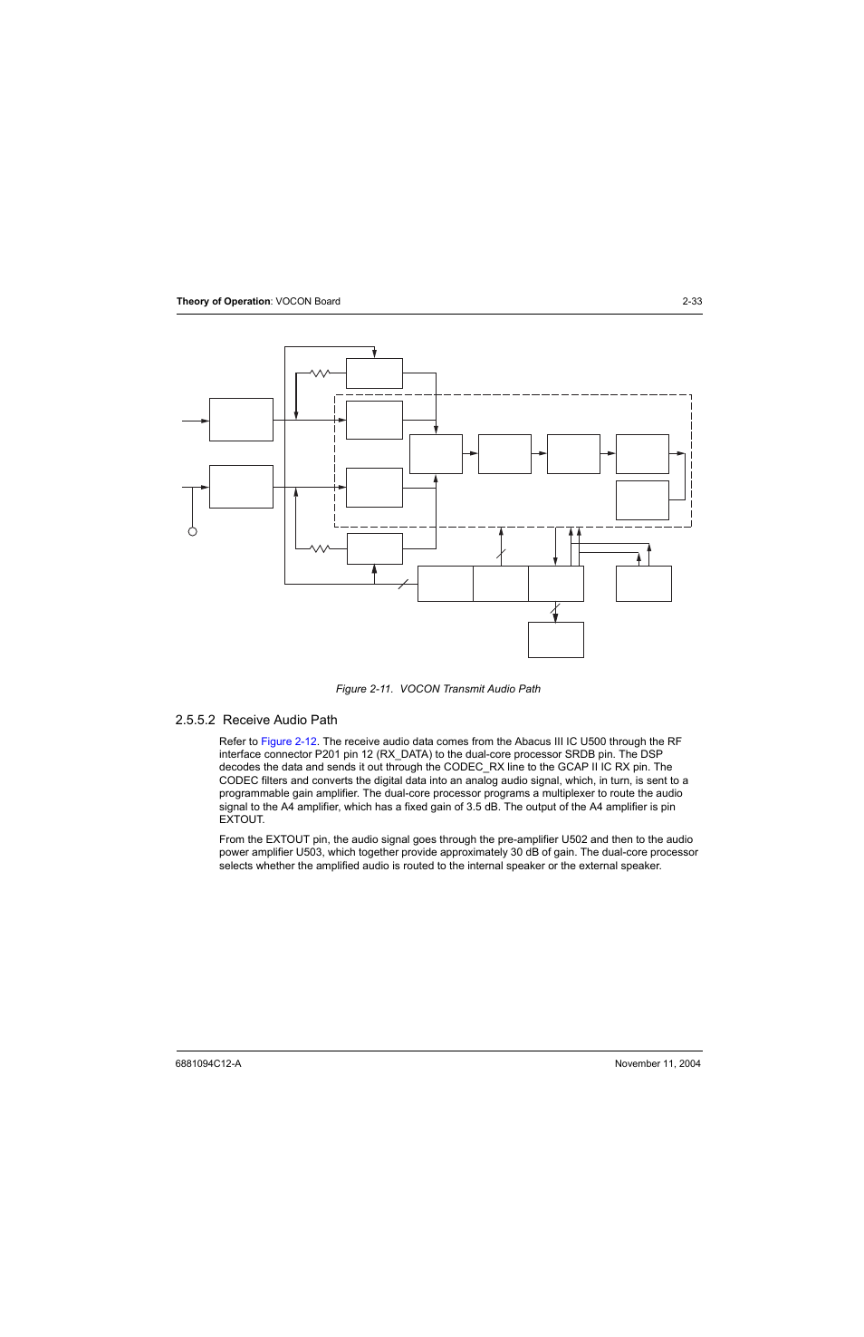 2 receive audio path, Receive audio path -33, Figure 2-11. vocon transmit audio path -33 | Motorola SSETM 5000 User Manual | Page 55 / 224