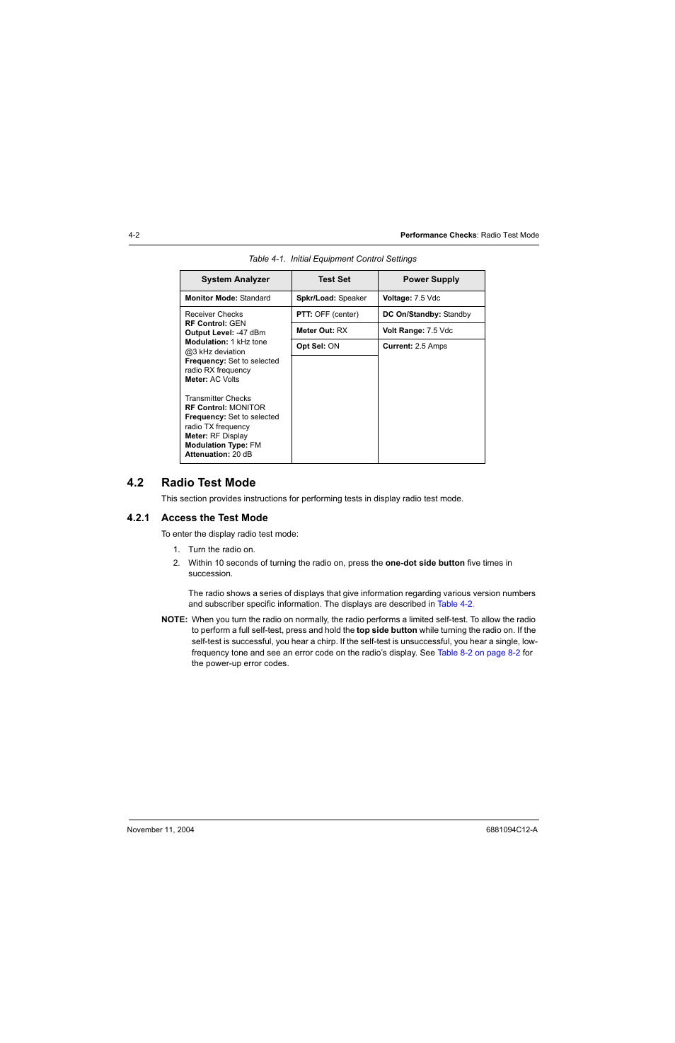 2 radio test mode, 1 access the test mode, Radio test mode -2 4.2.1 | Access the test mode -2, Table 4-1, Initial equipment control settings -2, Section 4.2: “radio test, D in | Motorola SSETM 5000 User Manual | Page 64 / 224