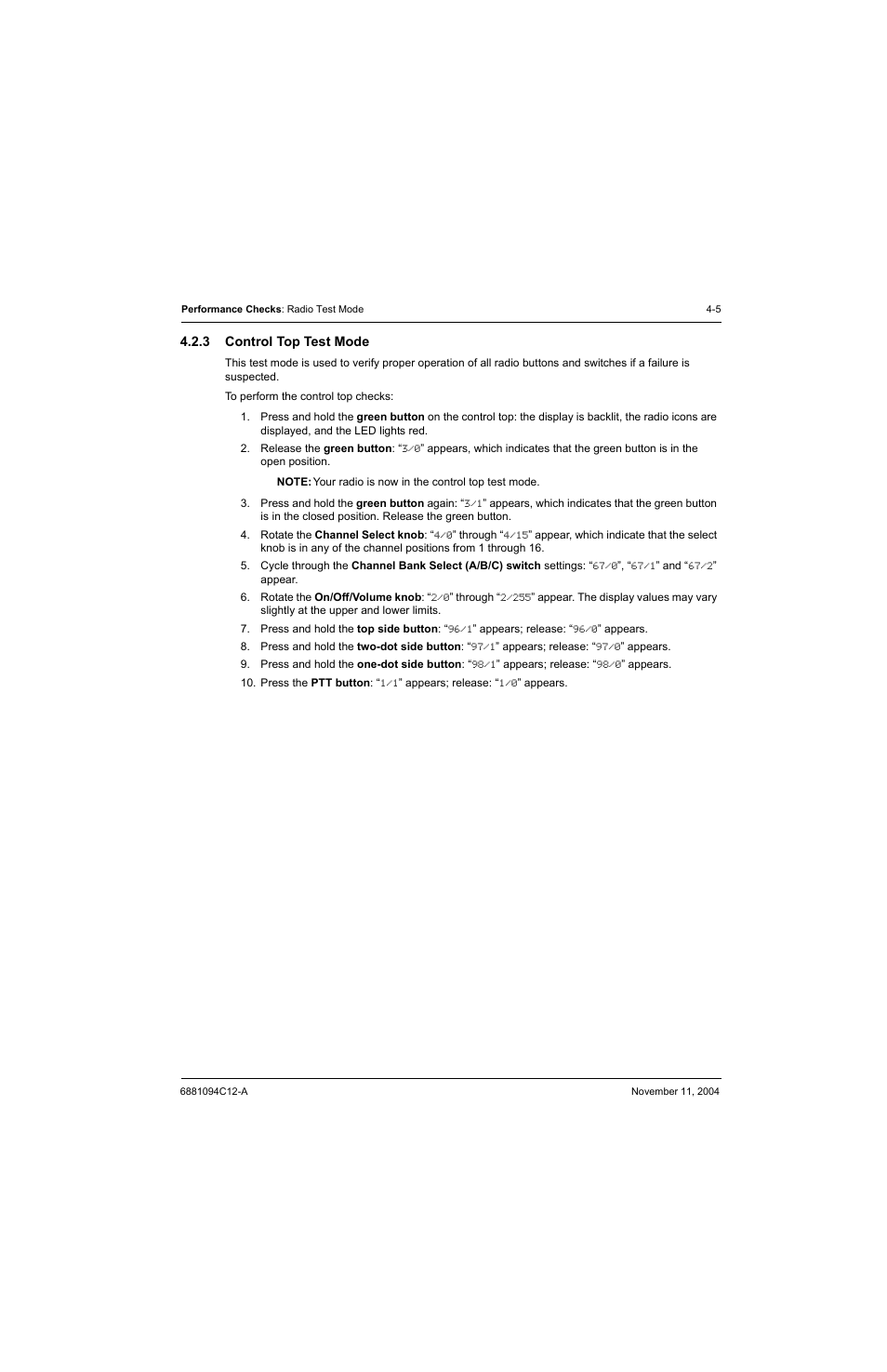 3 control top test mode, Control top test mode -5 | Motorola SSETM 5000 User Manual | Page 67 / 224