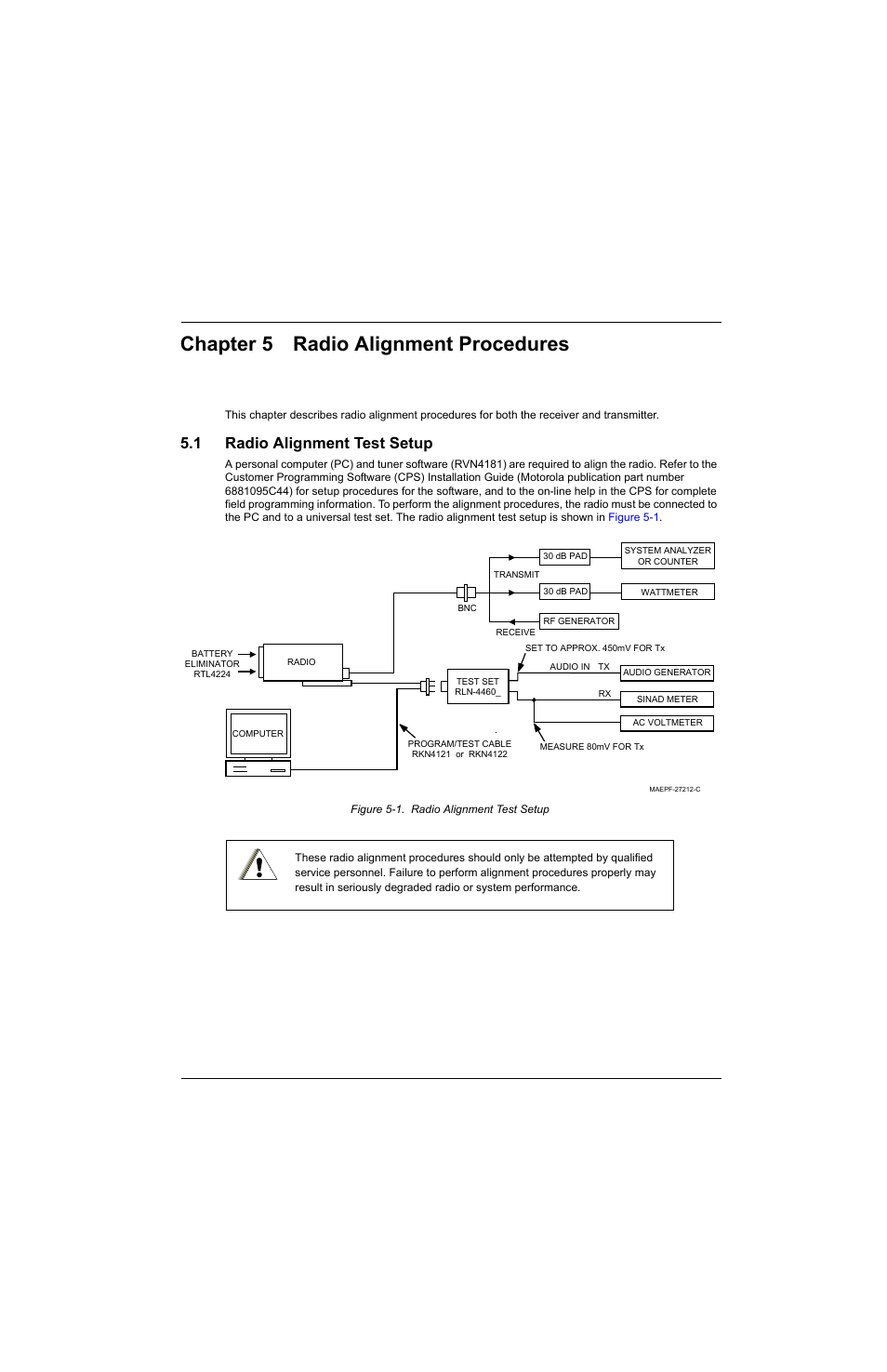 Chapter 5 radio alignment procedures, 1 radio alignment test setup, Chapter 5 | Radio alignment procedures -1, Radio alignment test setup -1, Figure 5-1. radio alignment test setup -1 | Motorola SSETM 5000 User Manual | Page 71 / 224