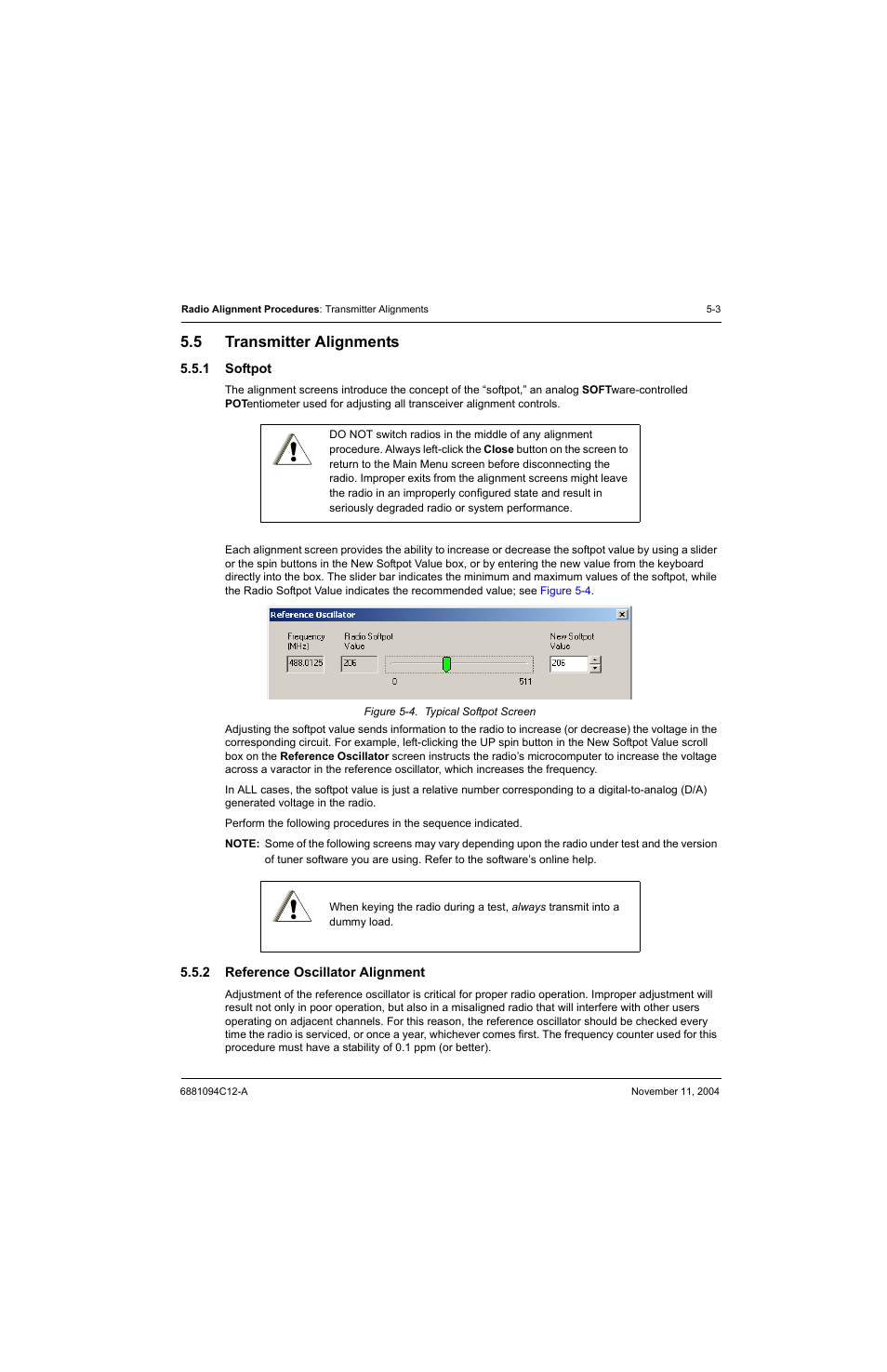 5 transmitter alignments, 1 softpot, 2 reference oscillator alignment | Transmitter alignments -3 5.5.1, Softpot -3, Reference oscillator alignment -3, Figure 5-4. typical softpot screen -3 | Motorola SSETM 5000 User Manual | Page 73 / 224