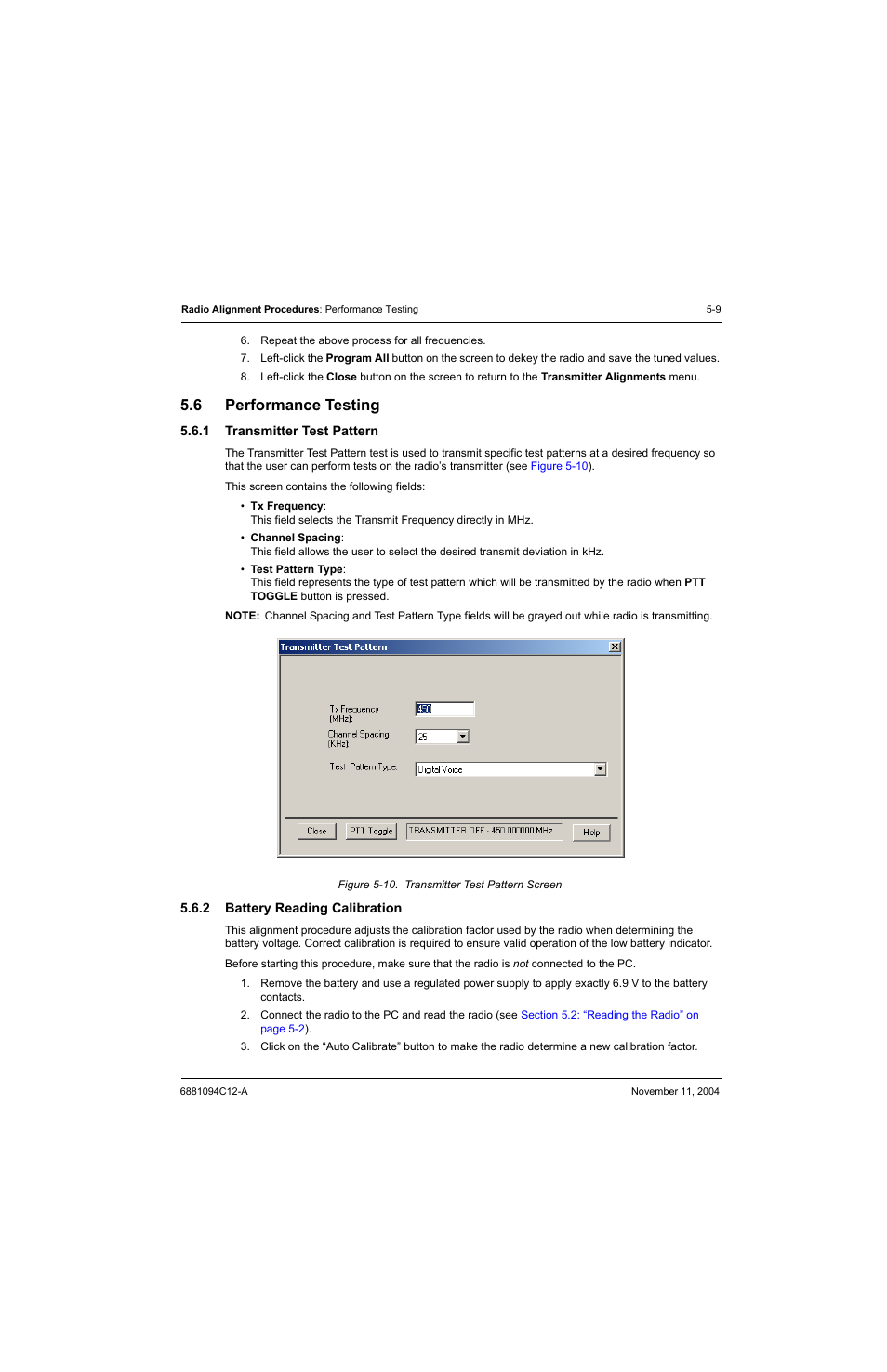 6 performance testing, 1 transmitter test pattern, 2 battery reading calibration | Performance testing -9 5.6.1, Transmitter test pattern -9, Battery reading calibration -9, Figure 5-10. transmitter test pattern screen -9 | Motorola SSETM 5000 User Manual | Page 79 / 224