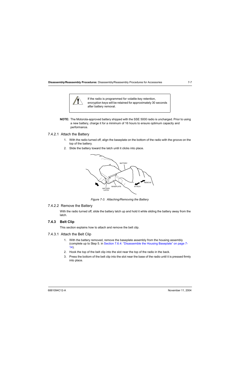 1 attach the battery, 2 remove the battery, 3 belt clip | 1 attach the belt clip, Attach the battery -7, Remove the battery -7, Belt clip -7, Attach the belt clip -7, Figure 7-3. at | Motorola SSETM 5000 User Manual | Page 89 / 224