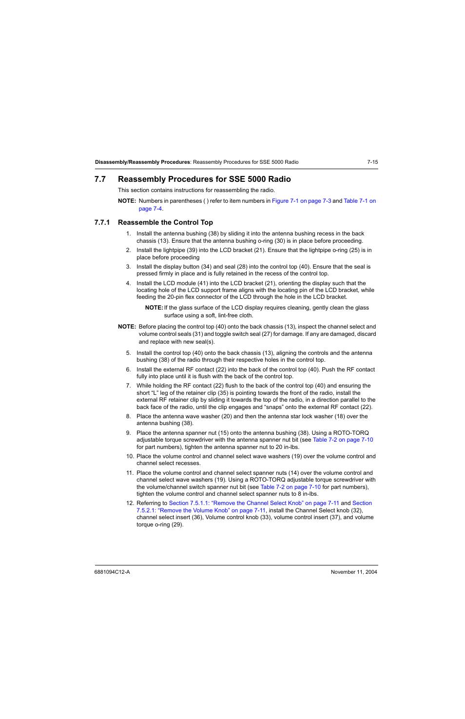 7 reassembly procedures for sse 5000 radio, 1 reassemble the control top, Reassembly procedures for sse 5000 radio -15 7.7.1 | Reassemble the control top -15 | Motorola SSETM 5000 User Manual | Page 97 / 224