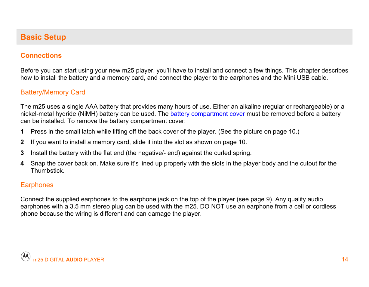 Basic setup, Connections, Battery/memory card | Earphones, Basic setup 14 | Motorola m25 User Manual | Page 14 / 70