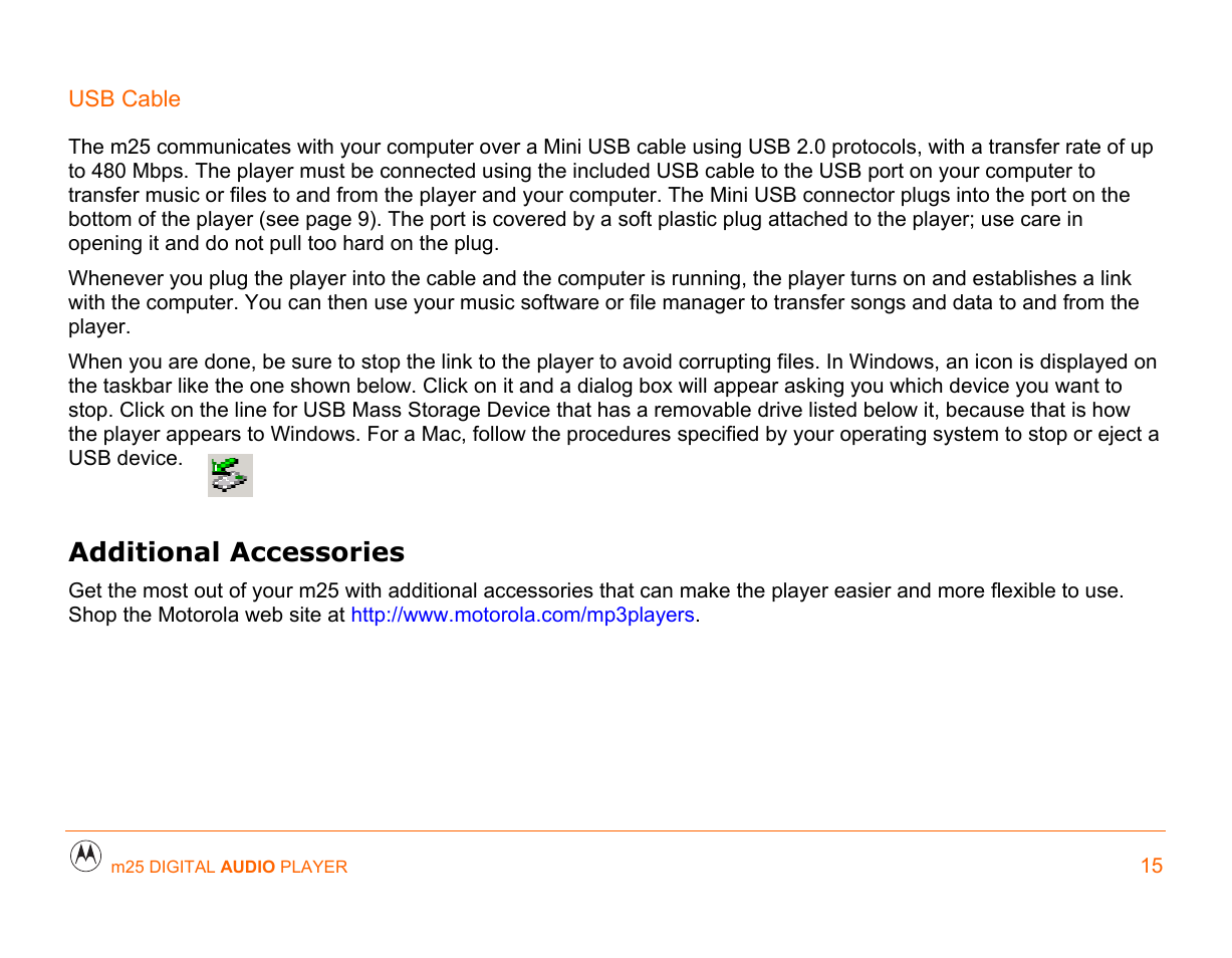 Usb cable, Additional accessories, Basic operations | Motorola m25 User Manual | Page 15 / 70