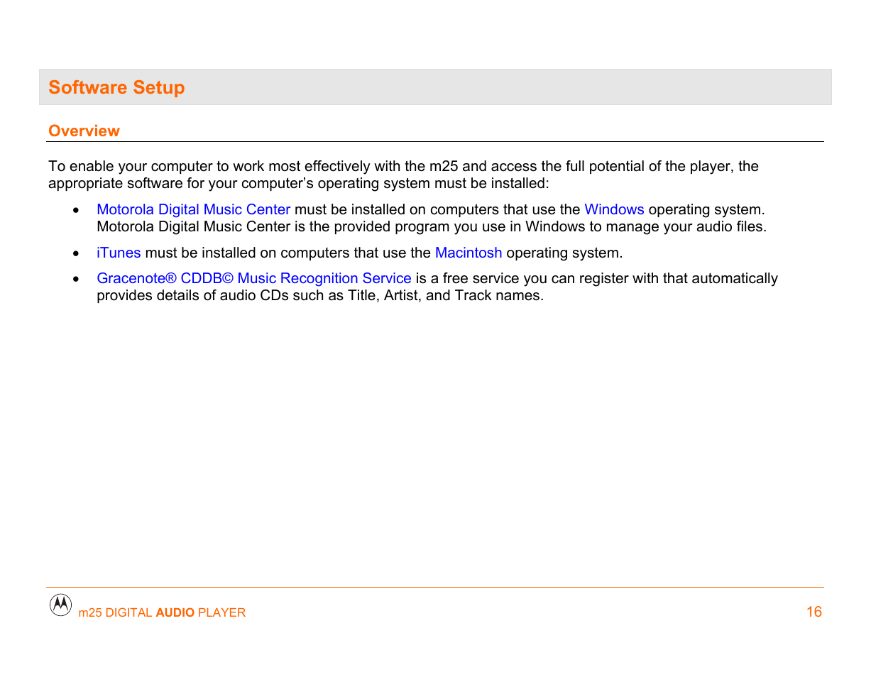 Software setup, Overview, Software setup 16 | Motorola m25 User Manual | Page 16 / 70