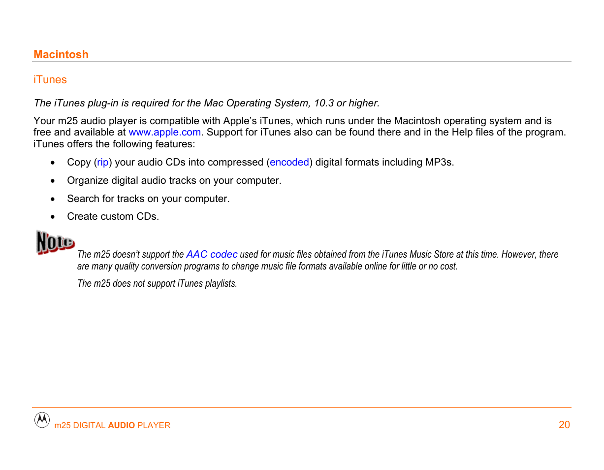 Macintosh, Itunes, Must | Operating | Motorola m25 User Manual | Page 20 / 70