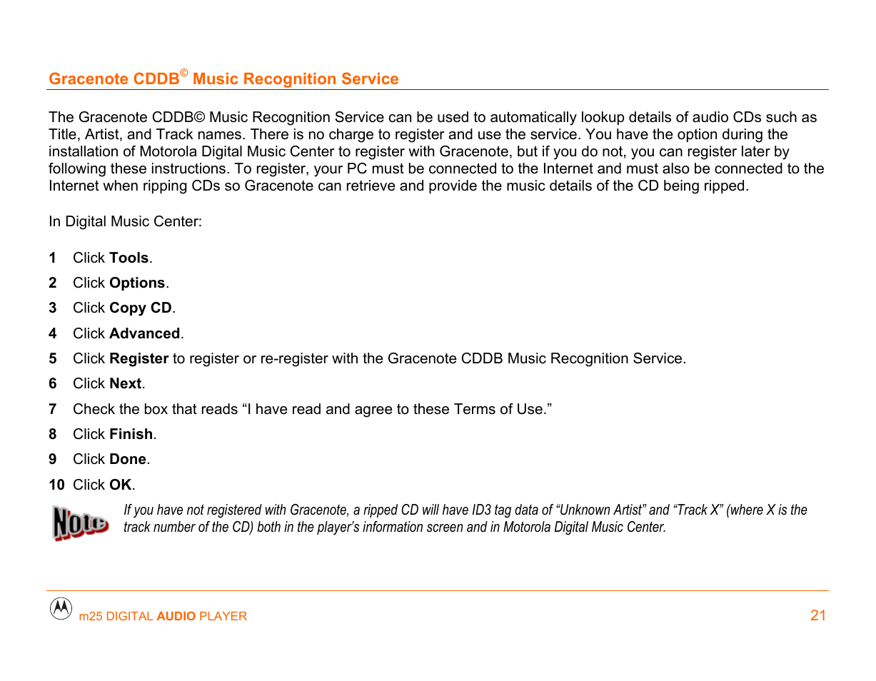 Gracenote cddb© music recognition service, Gracenote® cddb© music recognition service, Is a free service you can | Motorola m25 User Manual | Page 21 / 70