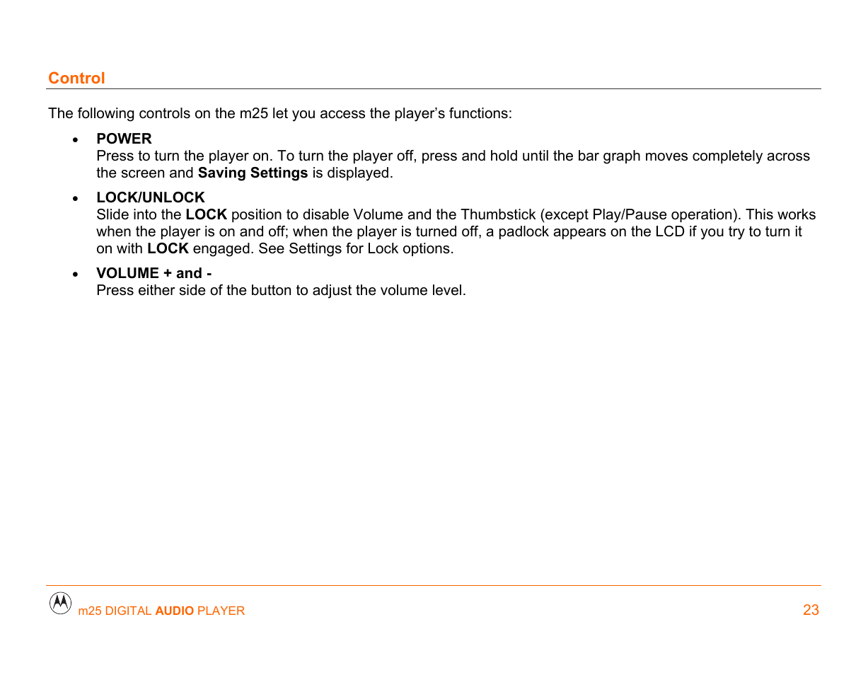 Control, Player functions | Motorola m25 User Manual | Page 23 / 70