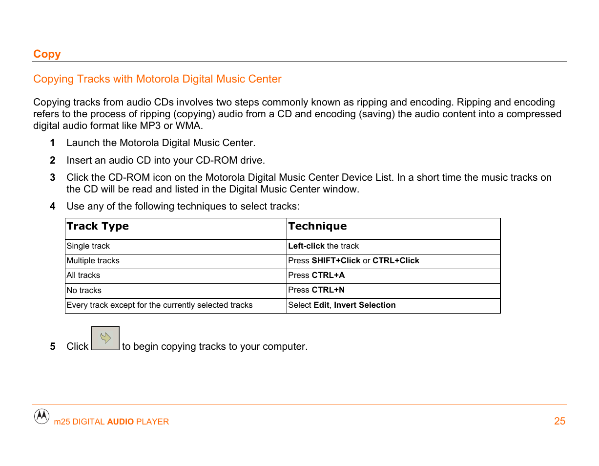 Copy, Copying tracks with motorola digital music center, Audio cds into compressed | Encoded, Your audio cds into compressed, Digit, Songs from cds and | Motorola m25 User Manual | Page 25 / 70