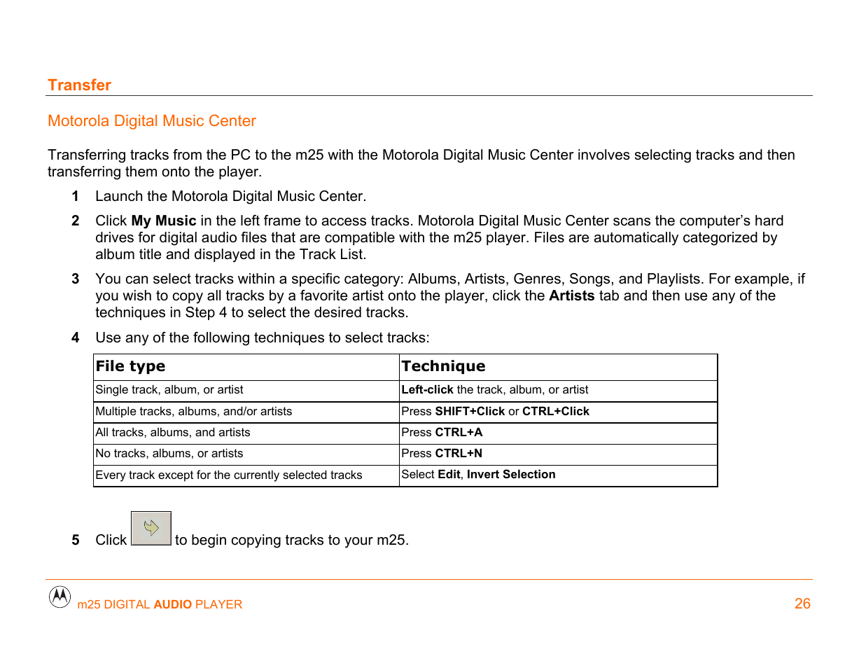 Transfer, Motorola digital music center, How to | Motorola m25 User Manual | Page 26 / 70