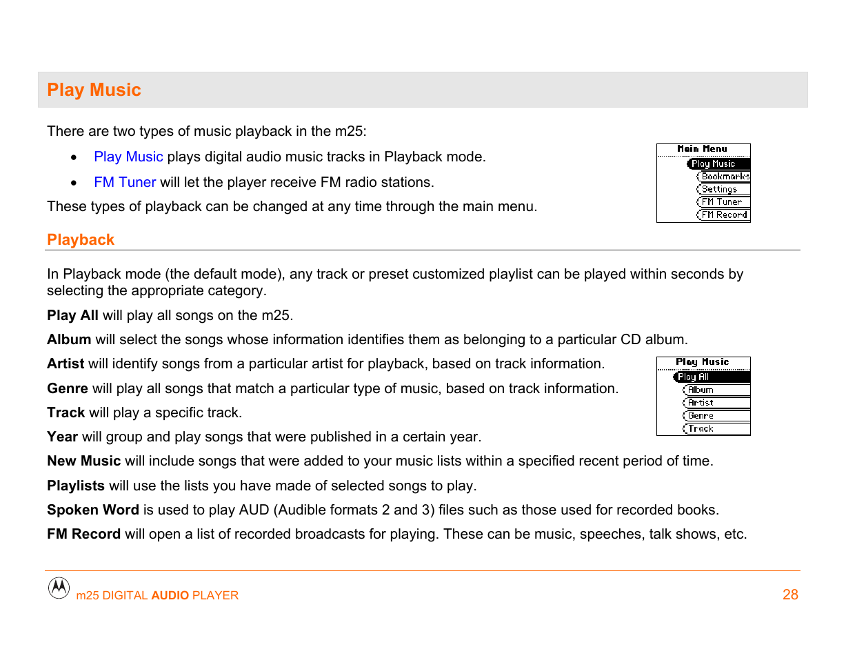 Play music, Playback, Play music 28 | Motorola m25 User Manual | Page 28 / 70